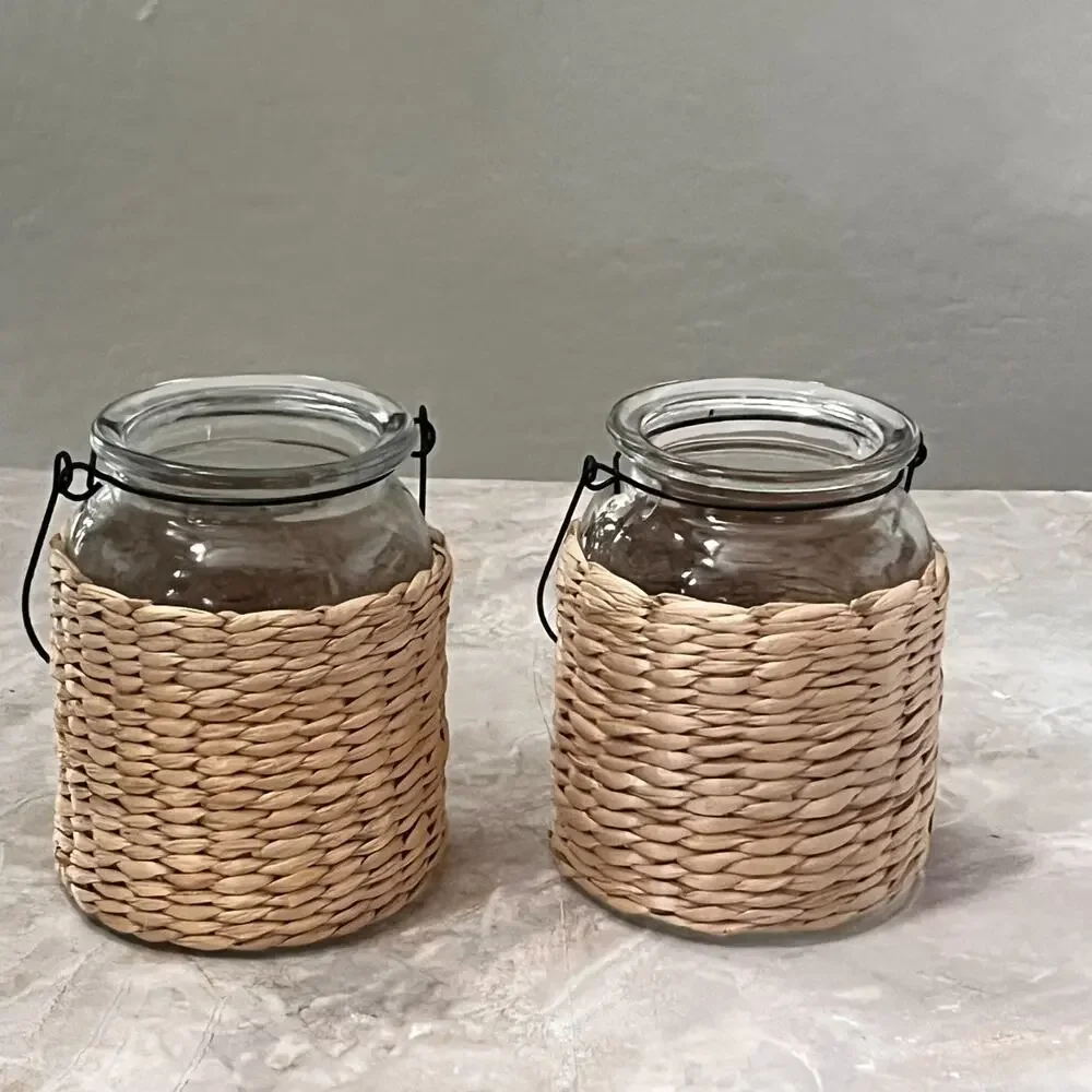 Wicker Glass Jar With Black Metal Handle Multi-Purpose Candle Plant Boho